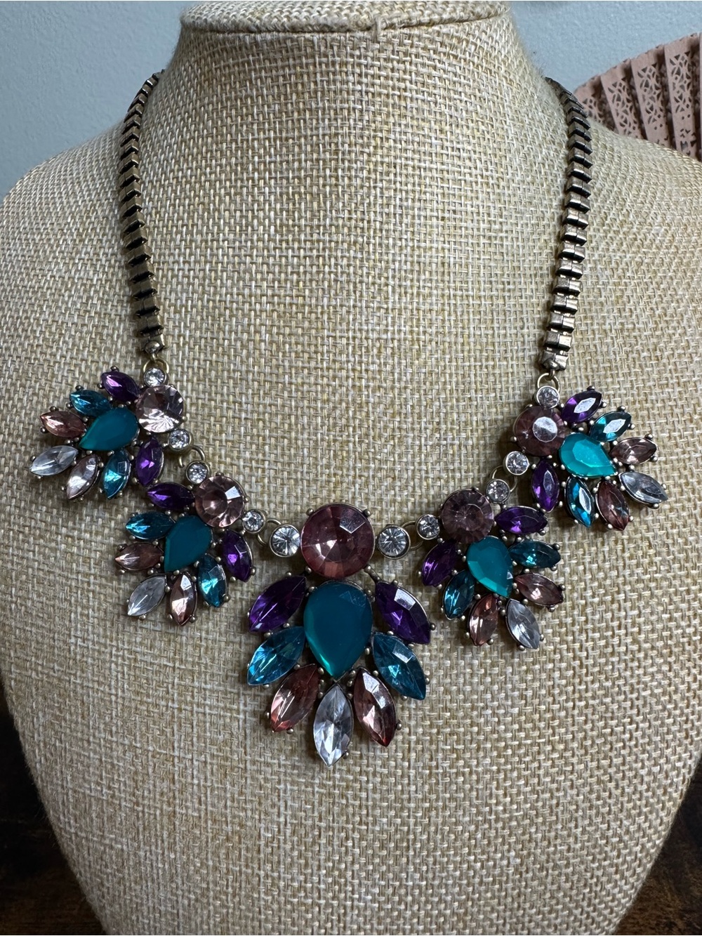 Statement Teal and Purple Crystal Bib Necklace